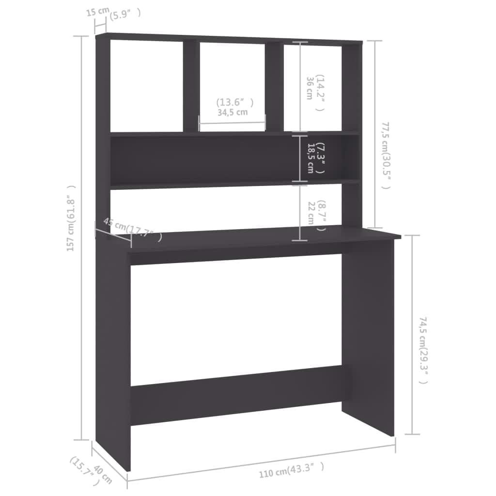 Radni stol s policama sivi 110 x 45 x 157 cm od iverice