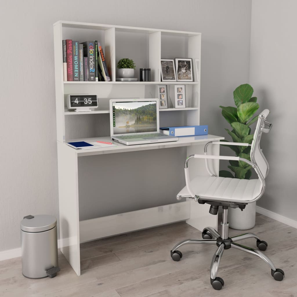 Radni stol s policama visoki sjaj bijeli 110x45x157 cm iverica