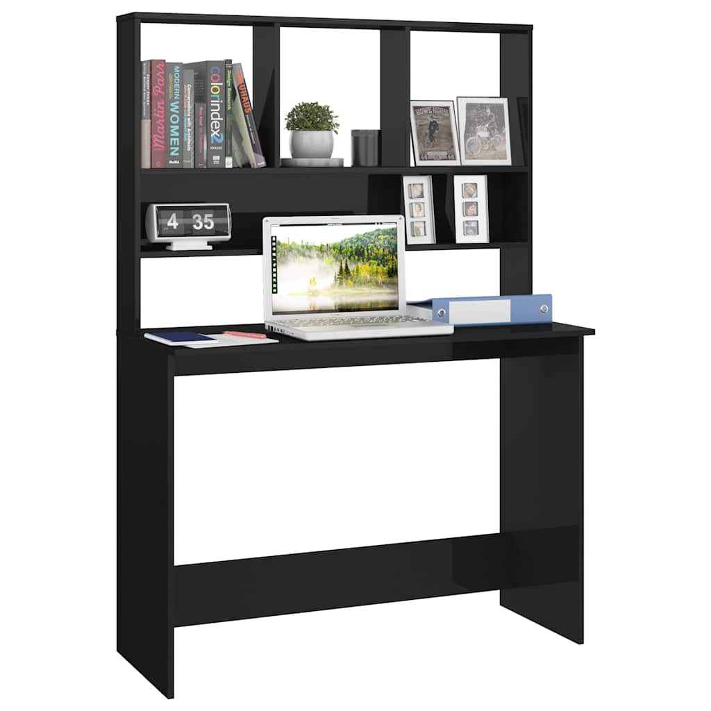 Radni stol s policama visoki sjaj crni 110x45x157 cm iverica