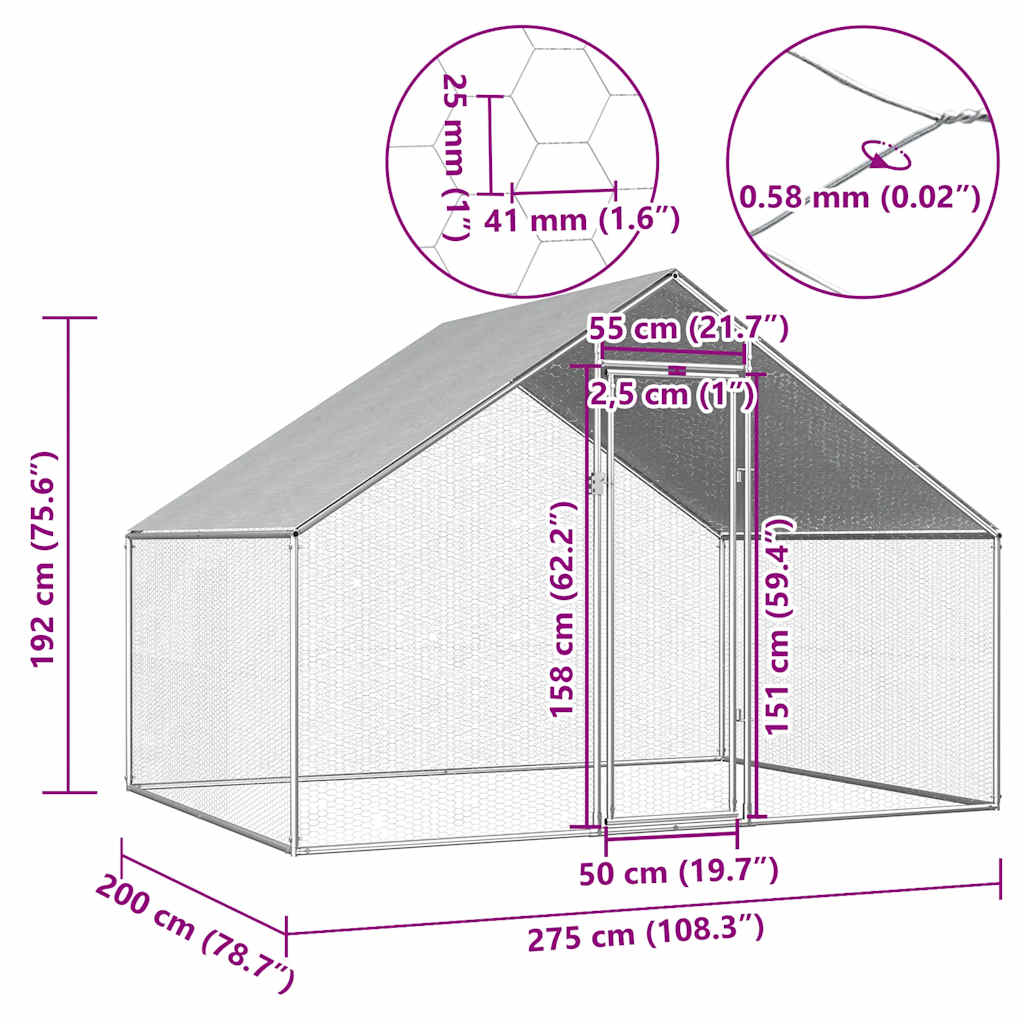 Vanjski kavez za kokoši od pocinčanog čelika 2,75 x 2 x 1,92 m