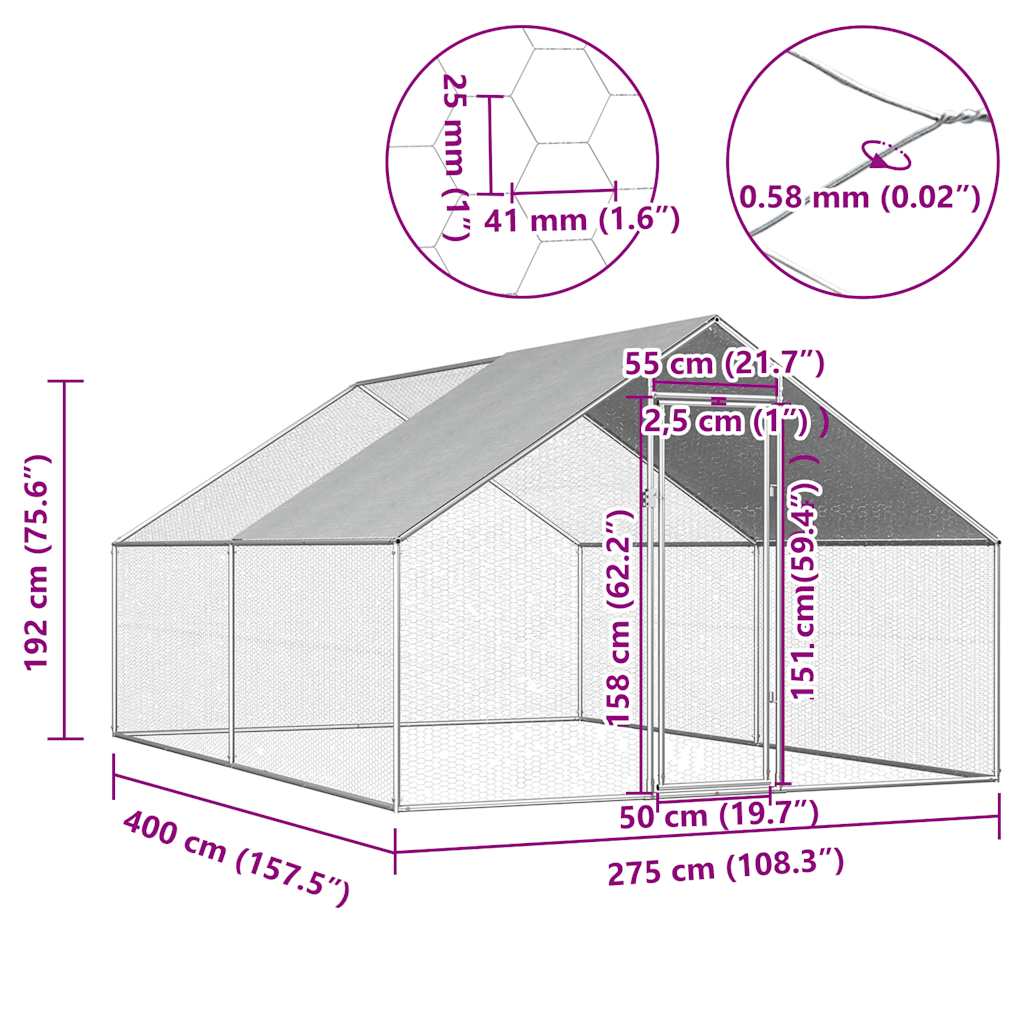 Vanjski kavez za kokoši od pocinčanog čelika 2,75 x 4 x 1,92 m