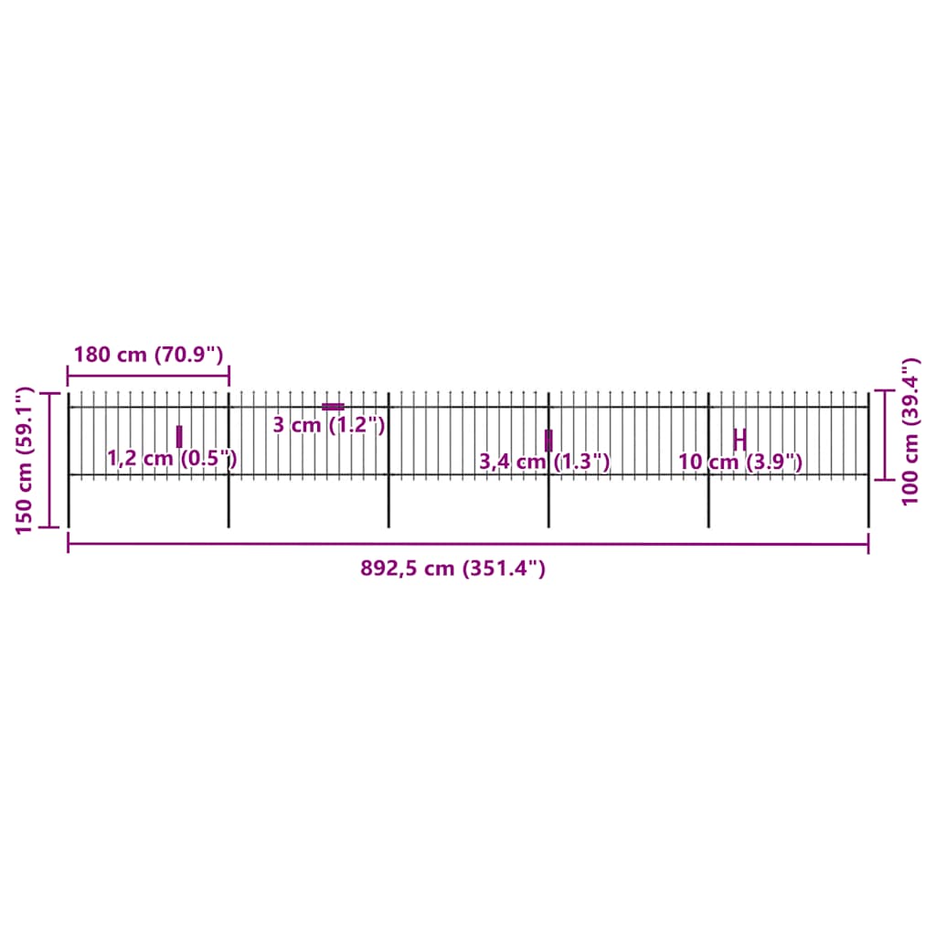 Vrtna ograda s vrhom koplja Čelik 892,5 x 100 cm Crna