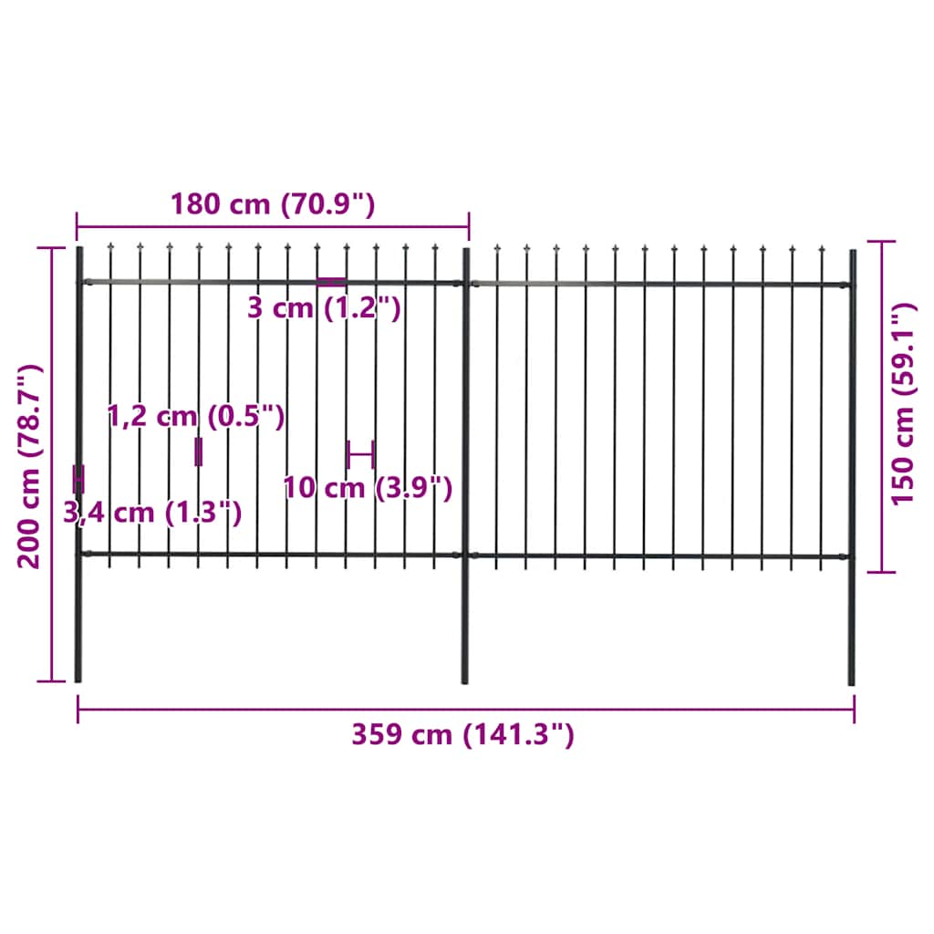 Vrtna ograda s vrhom koplja Čelik 359x150 cm Crna