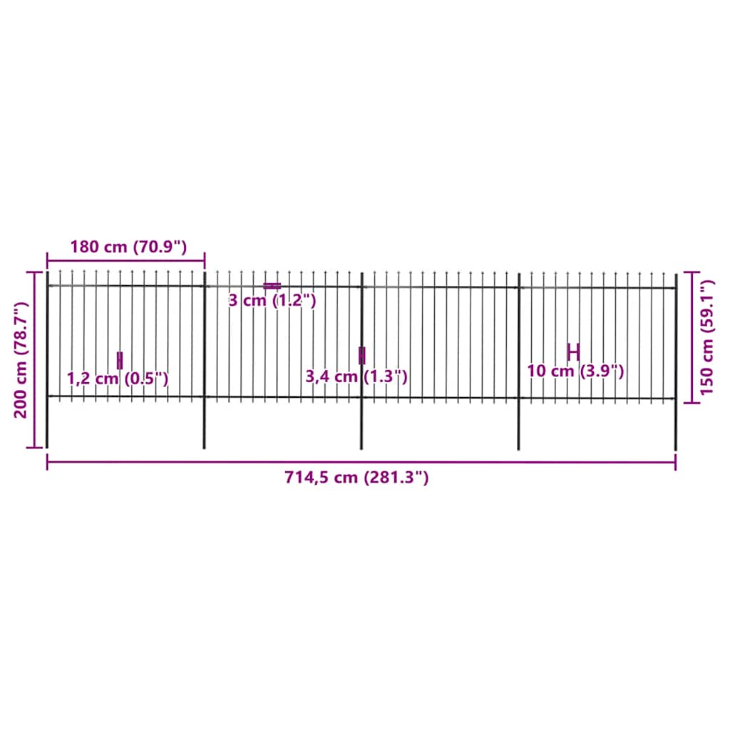 Vrtna ograda s vrhom koplja Čelik 714,5 x 150 cm Crna