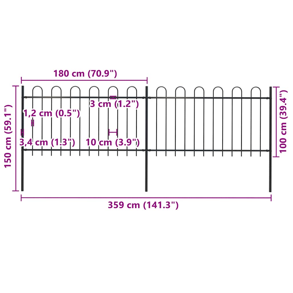 Vrtna ograda s obručem na vrhu Čelik 359x100 cm Crna
