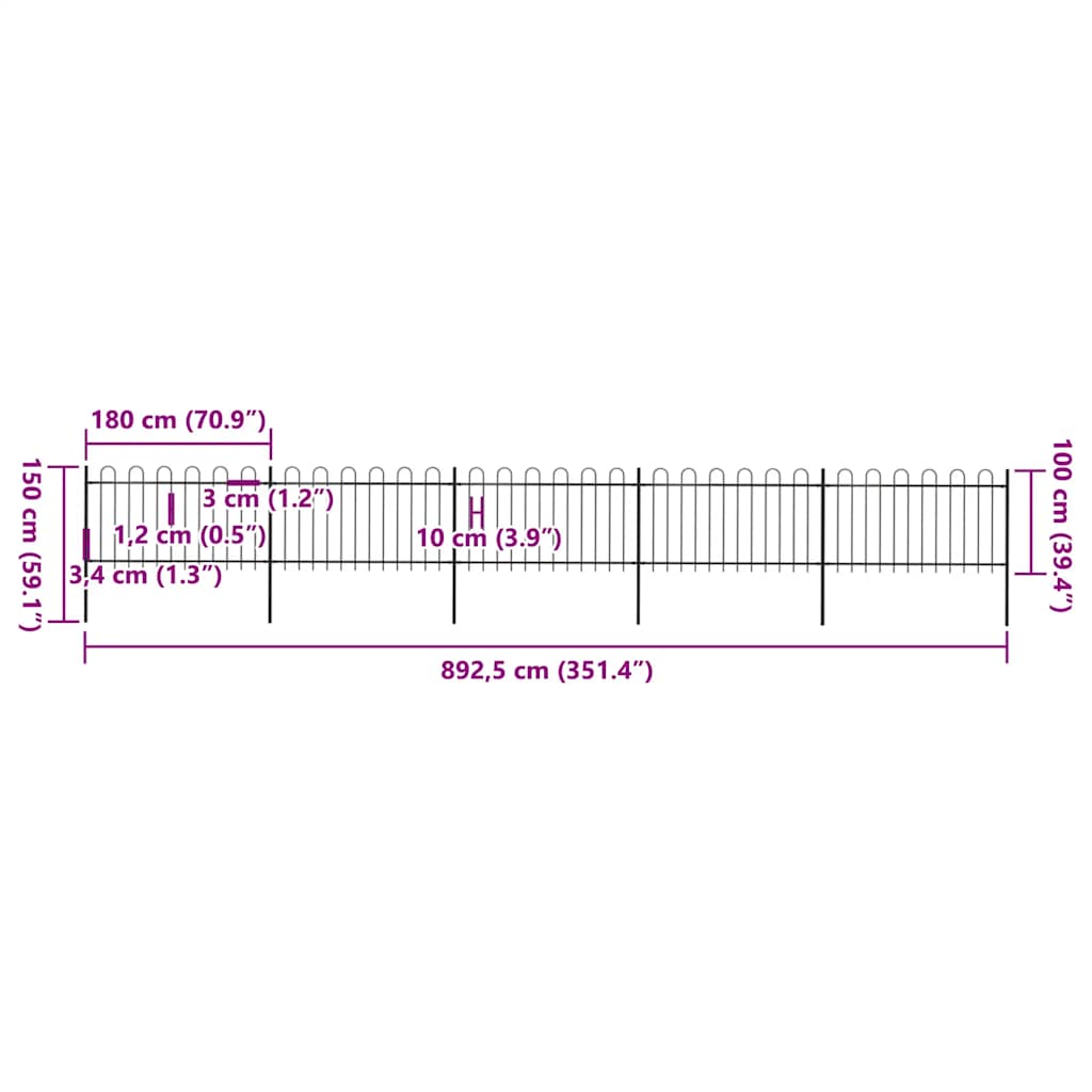 Vrtna ograda s obručem na vrhu Čelik 892,5 x 100 cm Crna