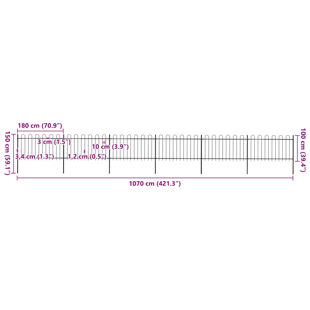 Vrtna ograda s obručem na vrhu Čelik 1070x100 cm Crna