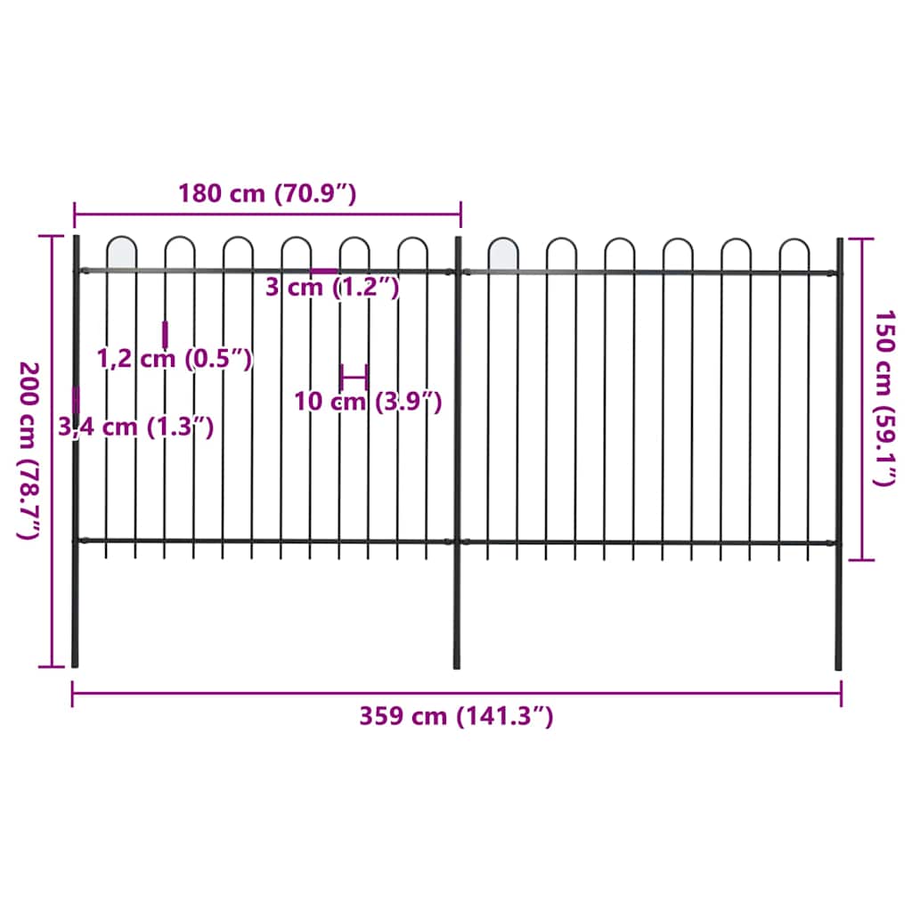 Vrtna ograda s obručem na vrhu Čelik 359x150 cm Crna