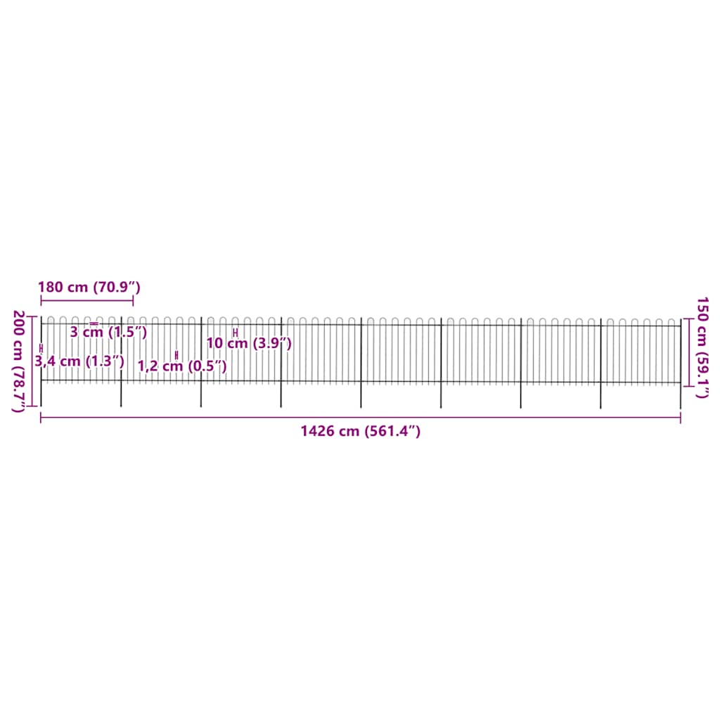 Vrtna ograda s obručem na vrhu Čelik 1426x150 cm Crna