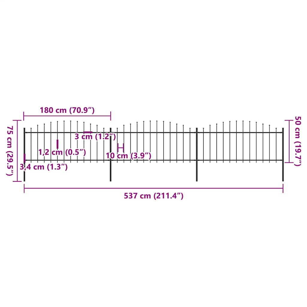 Vrtna ograda s vrhom koplja Čelik 537x75 cm Crna