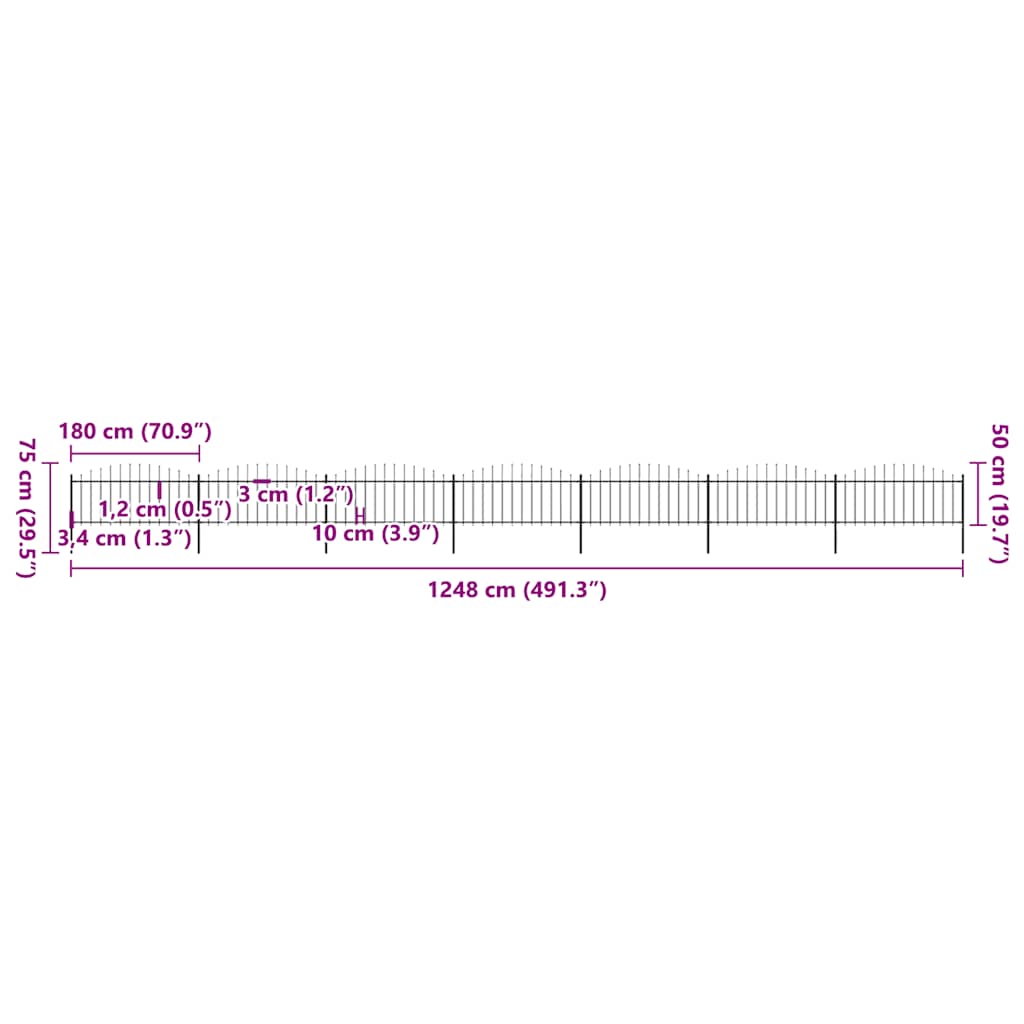 Vrtna ograda s ukrasnim kopljima (0,5-0,75) x 11,9 m čelična crna