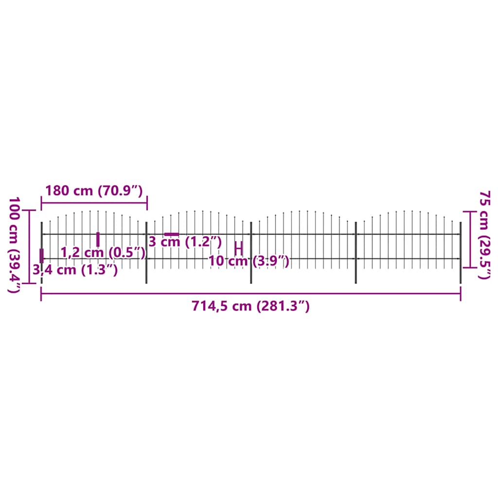 Vrtna ograda s vrhom koplja Čelik 714,5 x 100 cm Crna