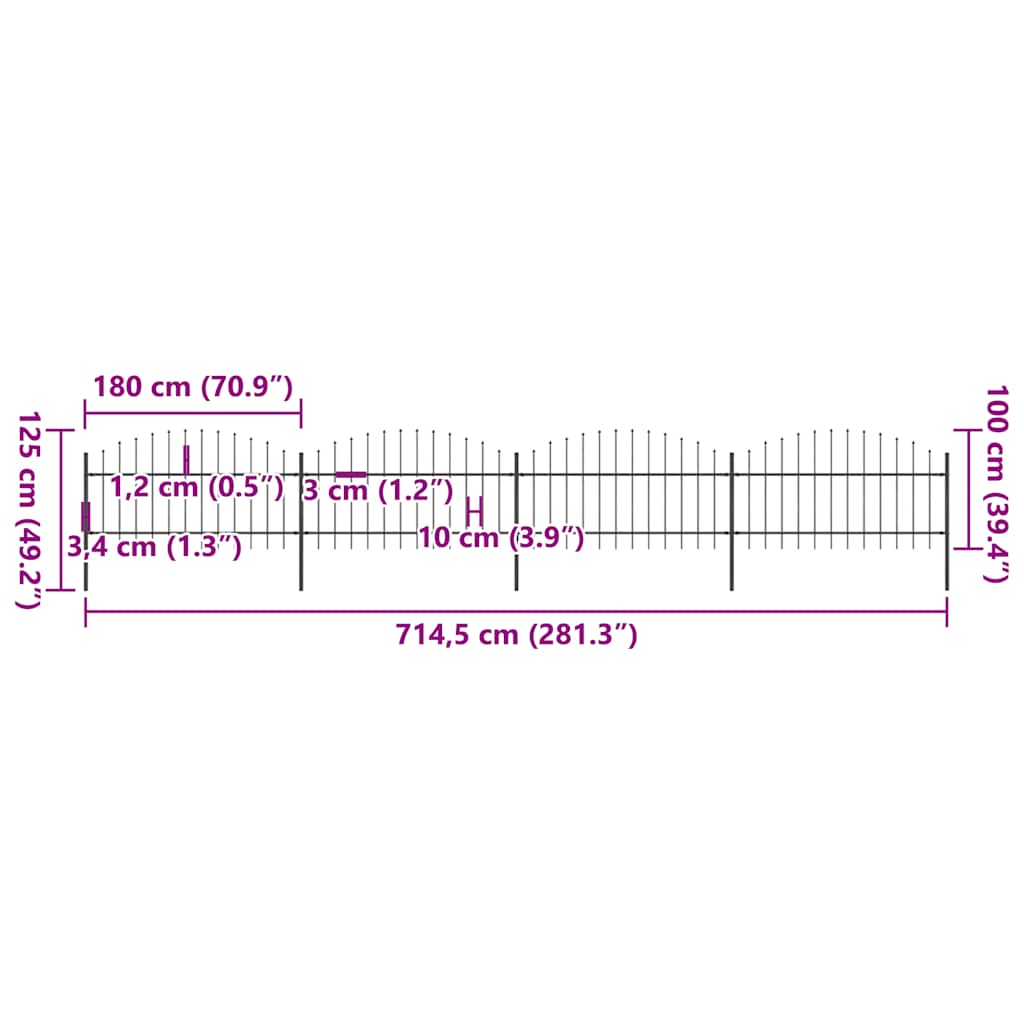 Vrtna ograda s vrhom koplja Čelik 714,5 x 125 cm Crna