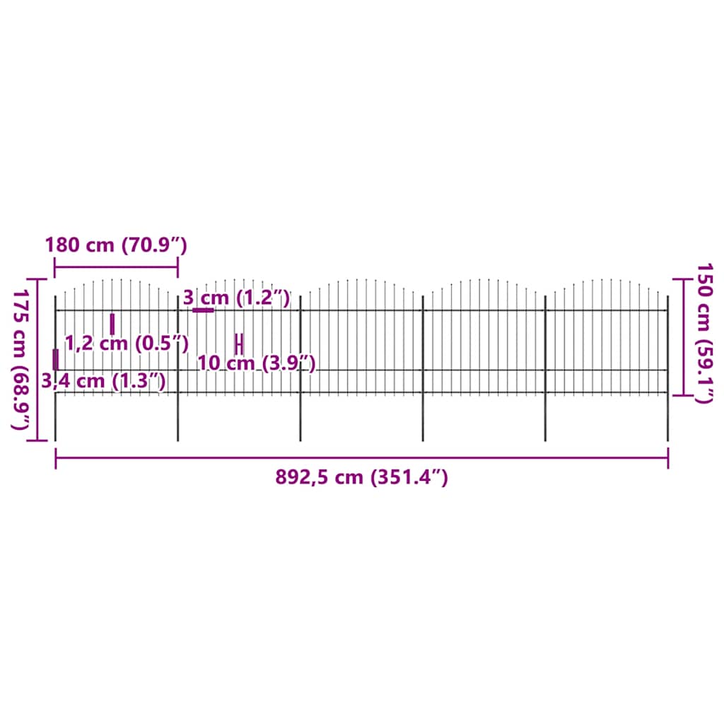 Vrtna ograda s vrhom koplja Čelik 892,5 x 175 cm Crna