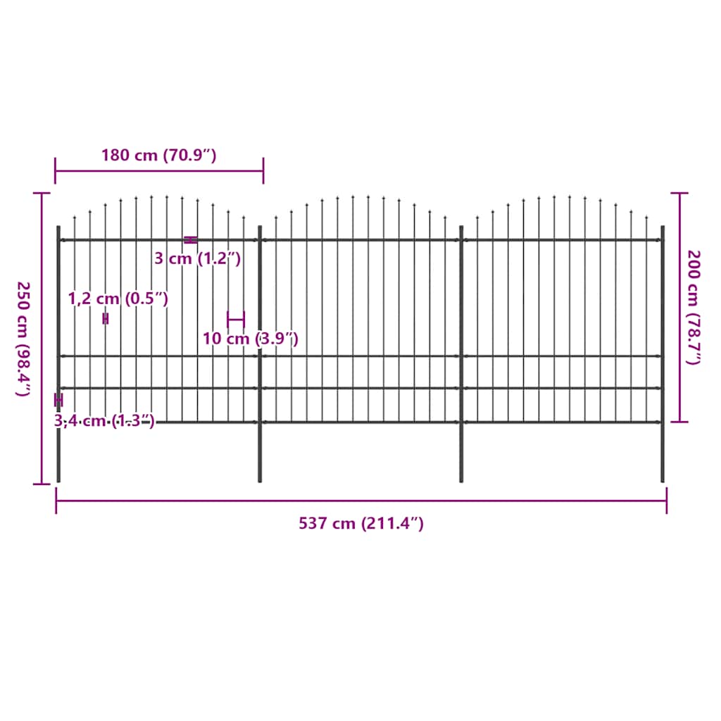 Vrtna ograda s vrhom koplja Čelik 537x200 cm Crna