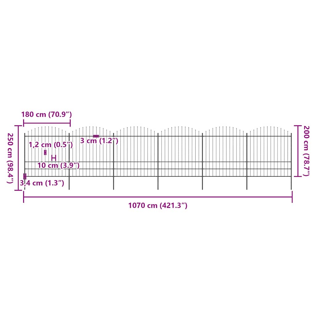 Vrtna ograda s vrhom koplja Čelik 1070x200 cm Crna