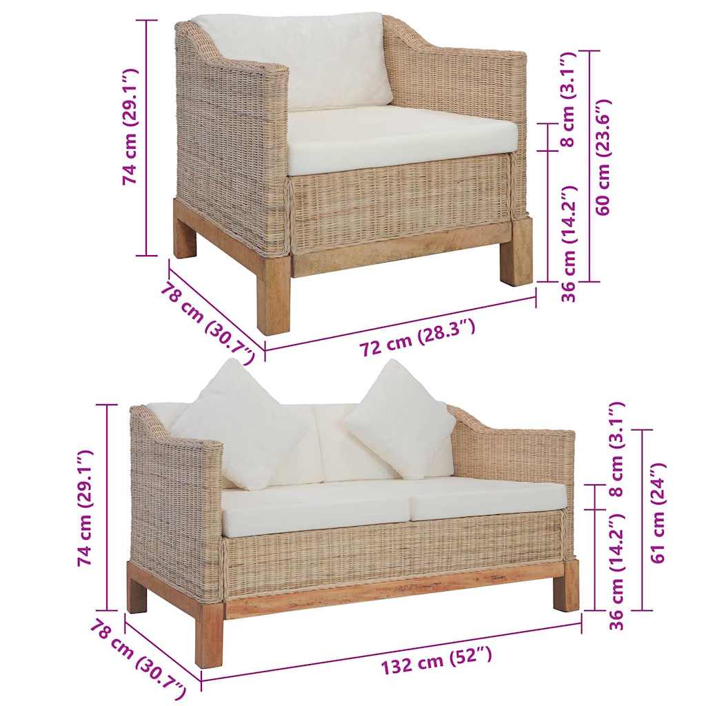 2-dijelni set sofa od prirodnog ratana s jastucima