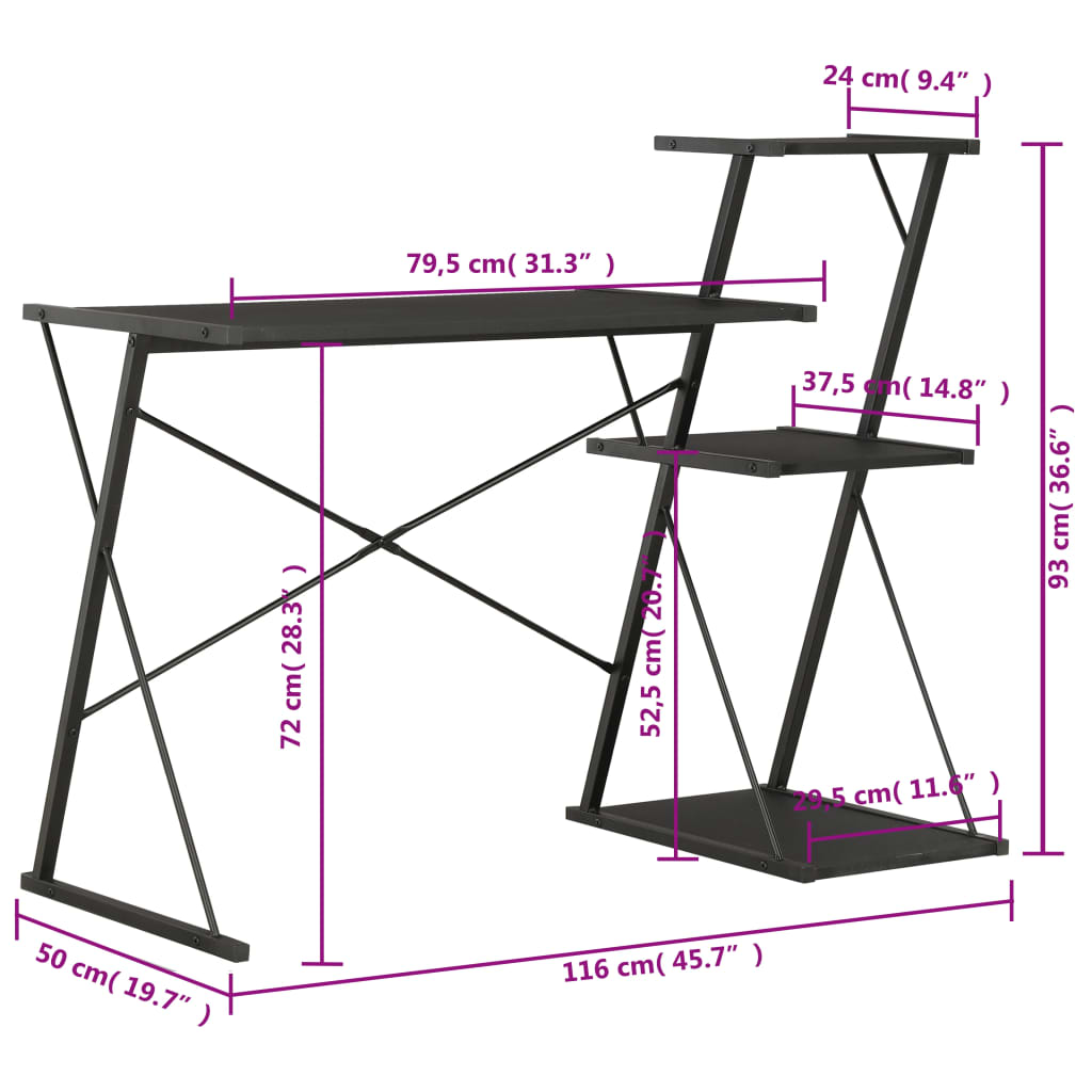 Radni stol s policom crni 116 x 50 x 93 cm