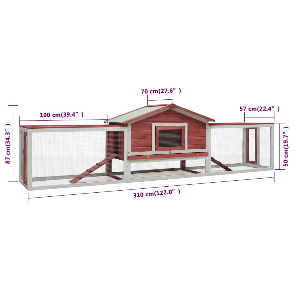 Kavez za zečeve crveni 310x70x87 cm masivna borovina i jelovina