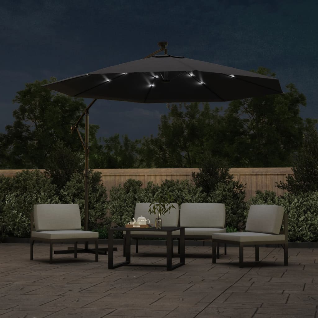 Konzolni vrtni suncobran LED s čeličnim stupom 300 cm crni
