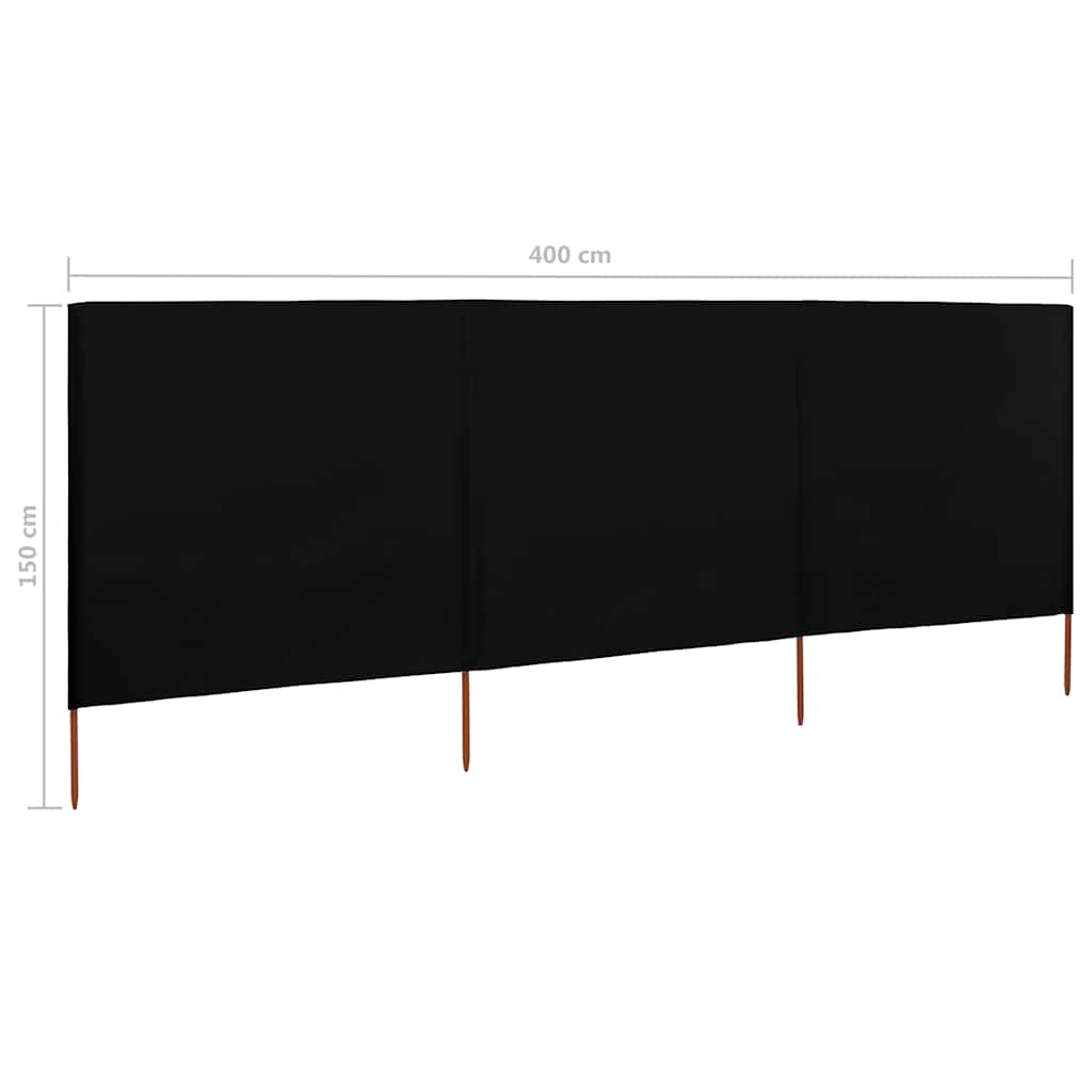 Vjetrobran s 3 panela od tkanine 400 x 120 cm crni