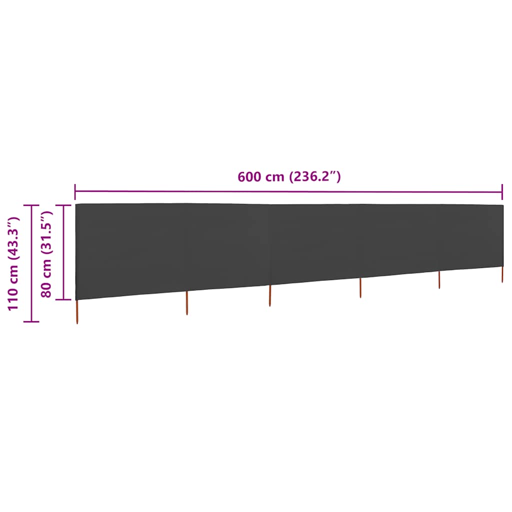 Vjetrobran s 5 panela od tkanine 600 x 80 cm antracit