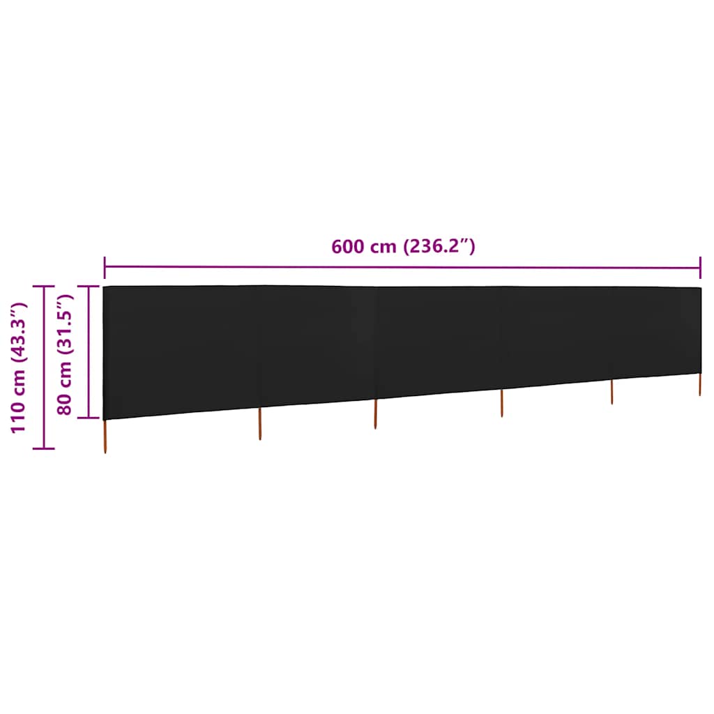 Vjetrobran s 5 panela od tkanine 600 x 80 cm crni