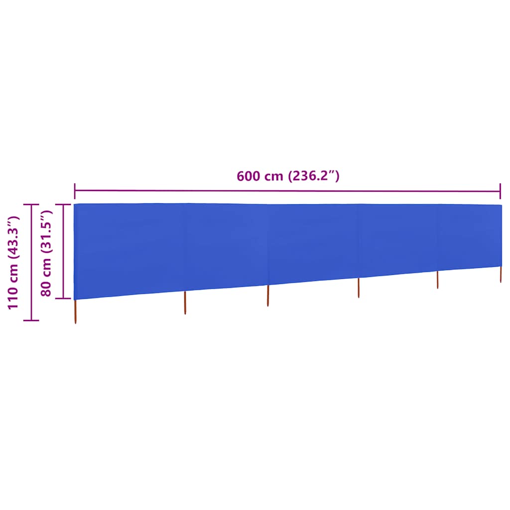 Vjetrobran s 5 panela od tkanine 600 x 80 cm azurno plavi