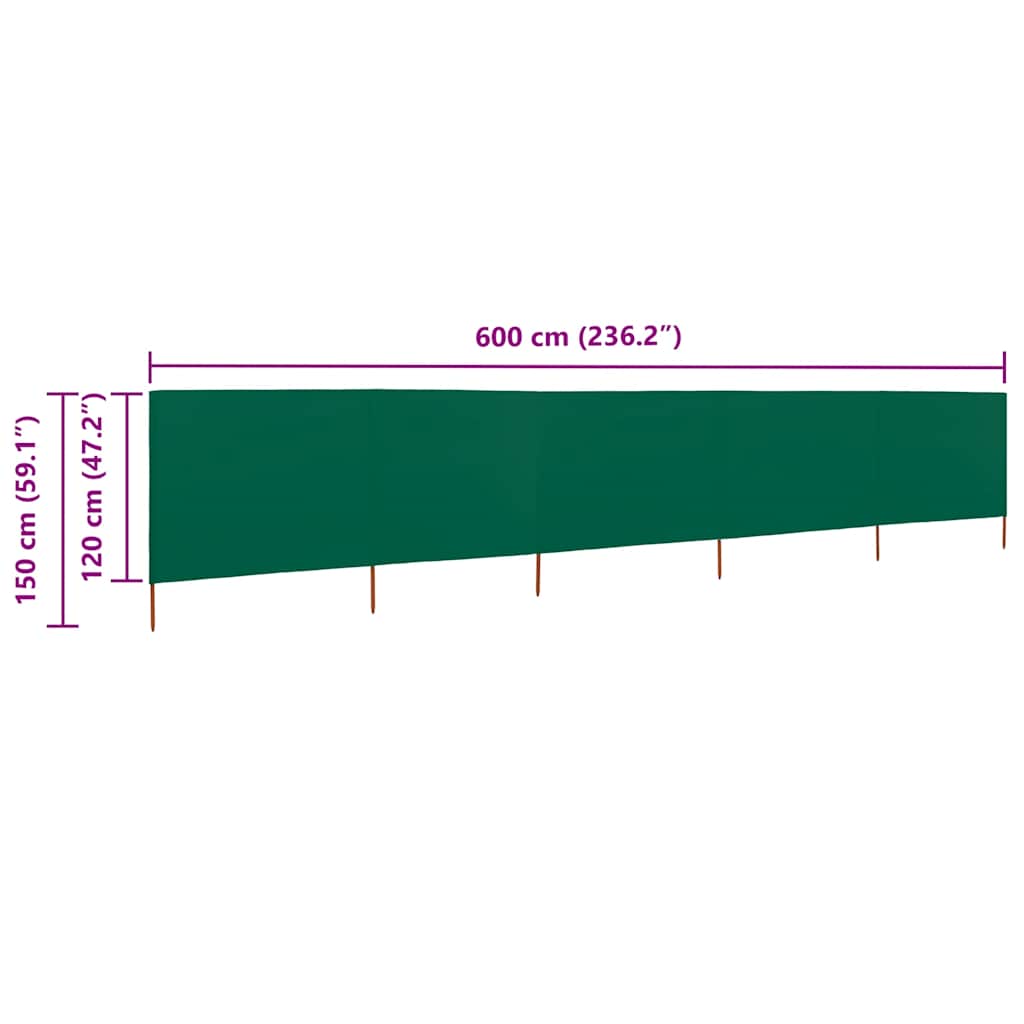 Vjetrobran s 5 panela od tkanine 600 x 120 cm zeleni