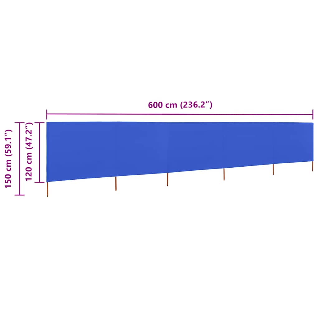 Vjetrobran s 5 panela od tkanine 600 x 120 cm azurno plavi