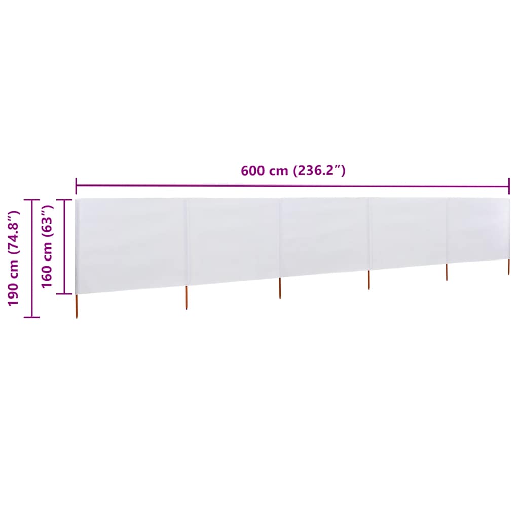 Vjetrobran s 5 panela od tkanine 600 x 160 cm pješčano bijeli