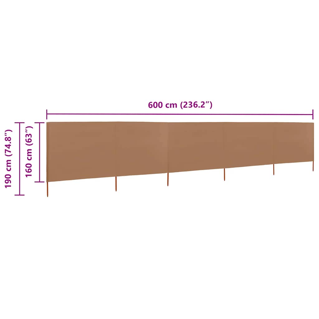 Vjetrobran s 5 panela od tkanine 600 x 160 cm smeđe-sivi