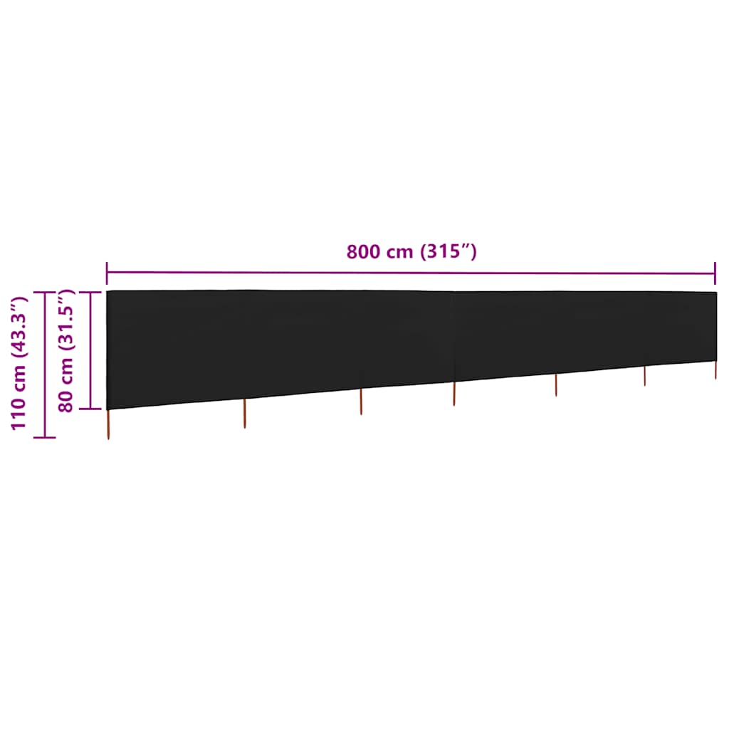 Vjetrobran sa 6 panela od tkanine 800 x 80 cm crni