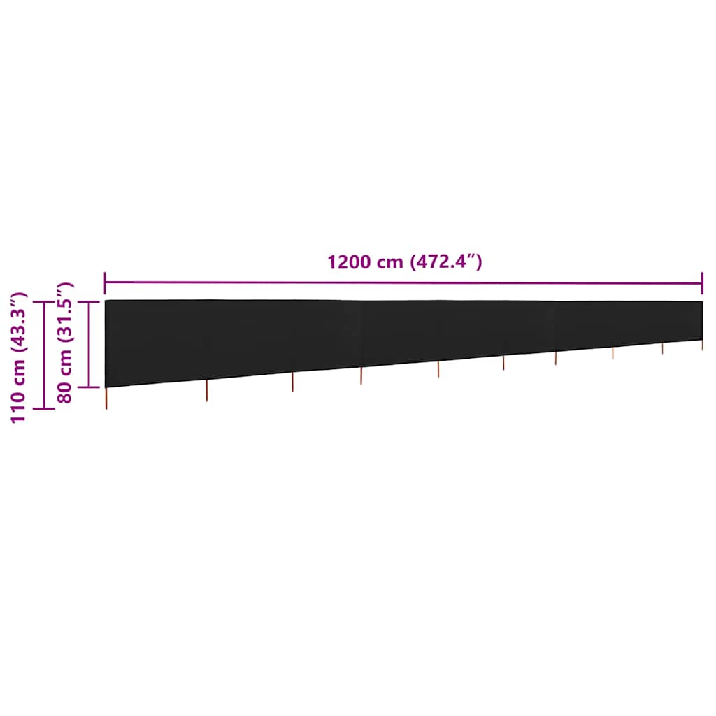 Vjetrobran s 9 panela od tkanine 1200 x 80 cm crni
