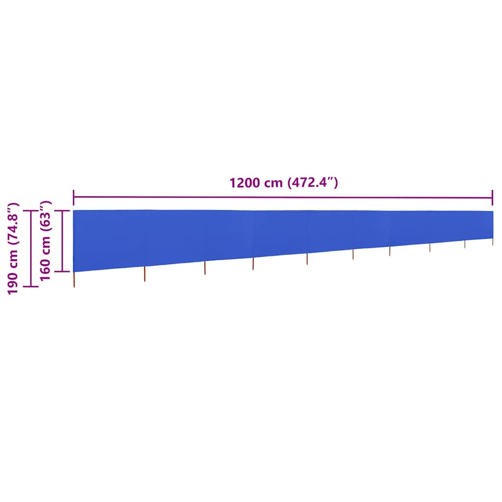 Vjetrobran s 9 panela od tkanine 1200 x 160 cm azurno plavi