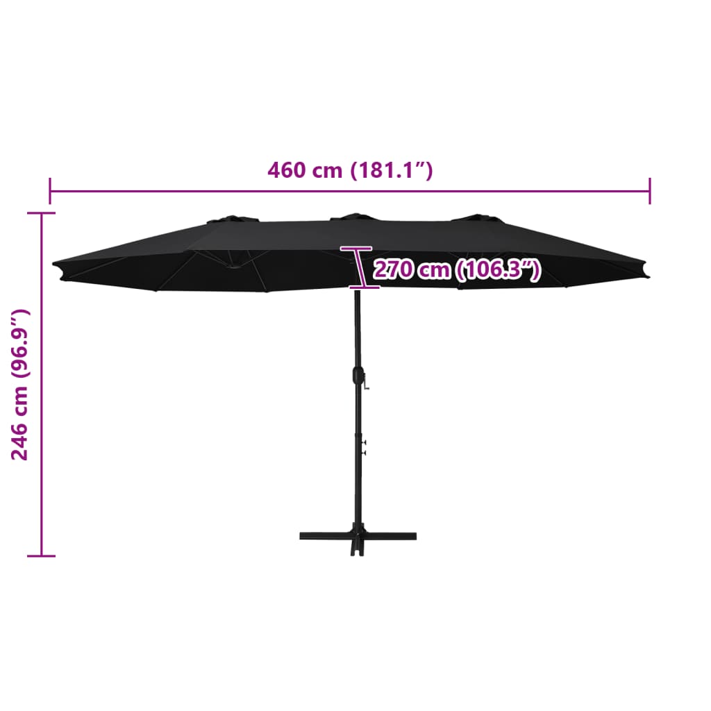 Vanjski suncobran s aluminijskim stupom 460 x 270 cm crni