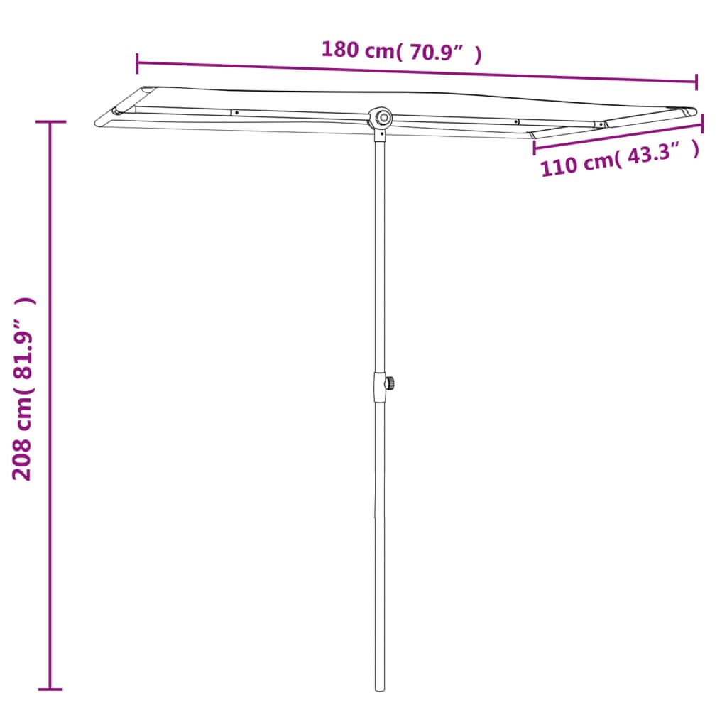 Vrtni suncobran s aluminijskim stupom 180 x 110 cm crni