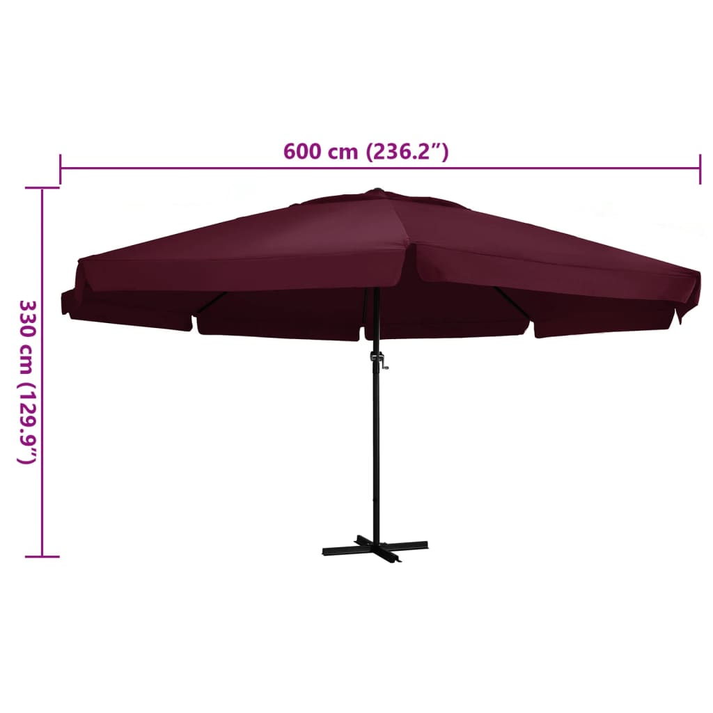 Vrtni suncobran s aluminijskim stupom 600 cm bordo