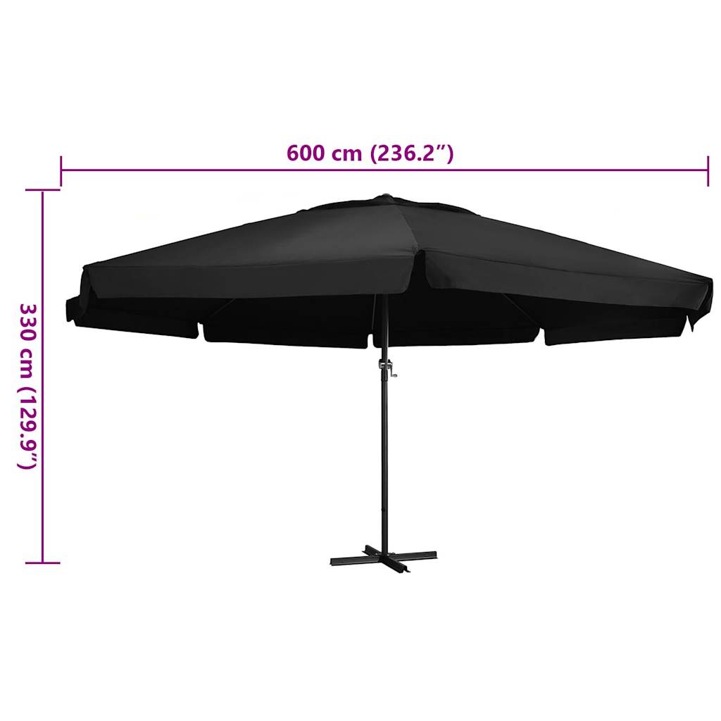Vrtni suncobran s aluminijskim stupom 600 cm crni