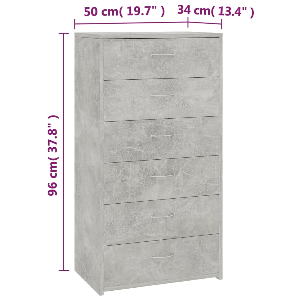 Komoda sa 6 ladica boja betona 50x34x96 cm konstruirano drvo