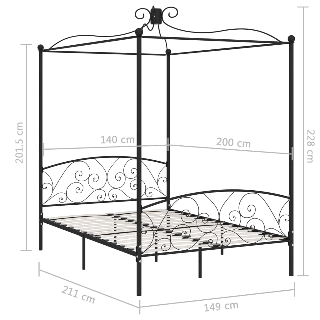 Okvir za krevet s nadstrešnicom crni metalni 140 x 200 cm