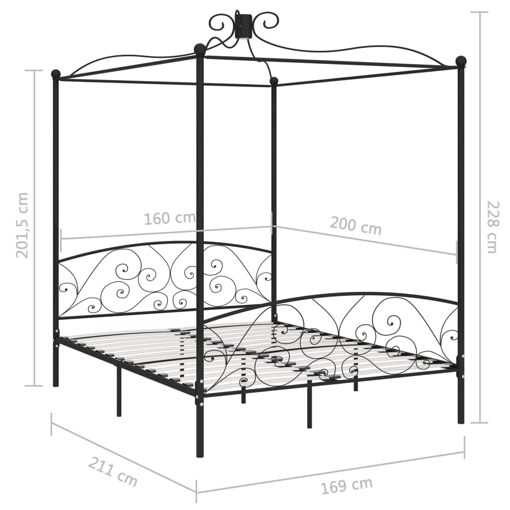 Okvir za krevet s nadstrešnicom crni metalni 160 x 200 cm