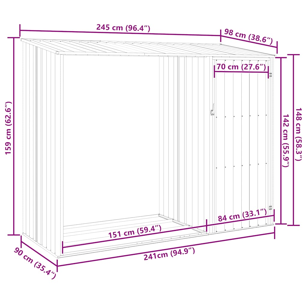Vrtno spremište za drva antracit 245x98x159 cm pocinčani čelik
