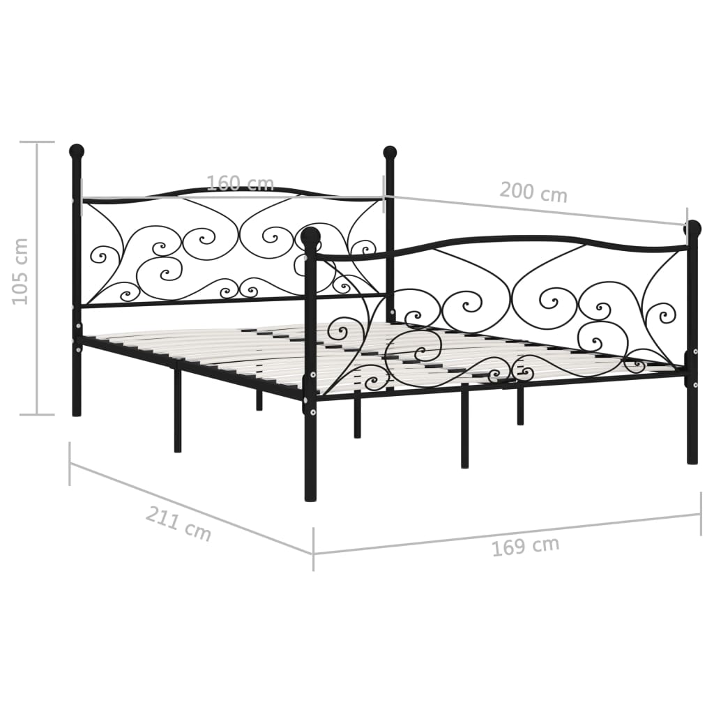 Okvir za krevet s podnicama crni metalni 160 x 200 cm