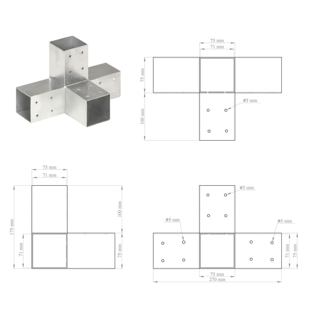 Spojnici za stupove u X-obliku 4 kom pocinčani metal 71 x 71 mm