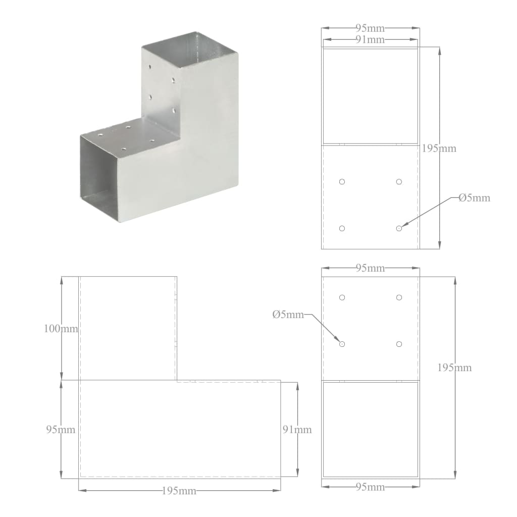 Spojnici za stupove u L-obliku 4 kom pocinčani metal 91 x 91 mm