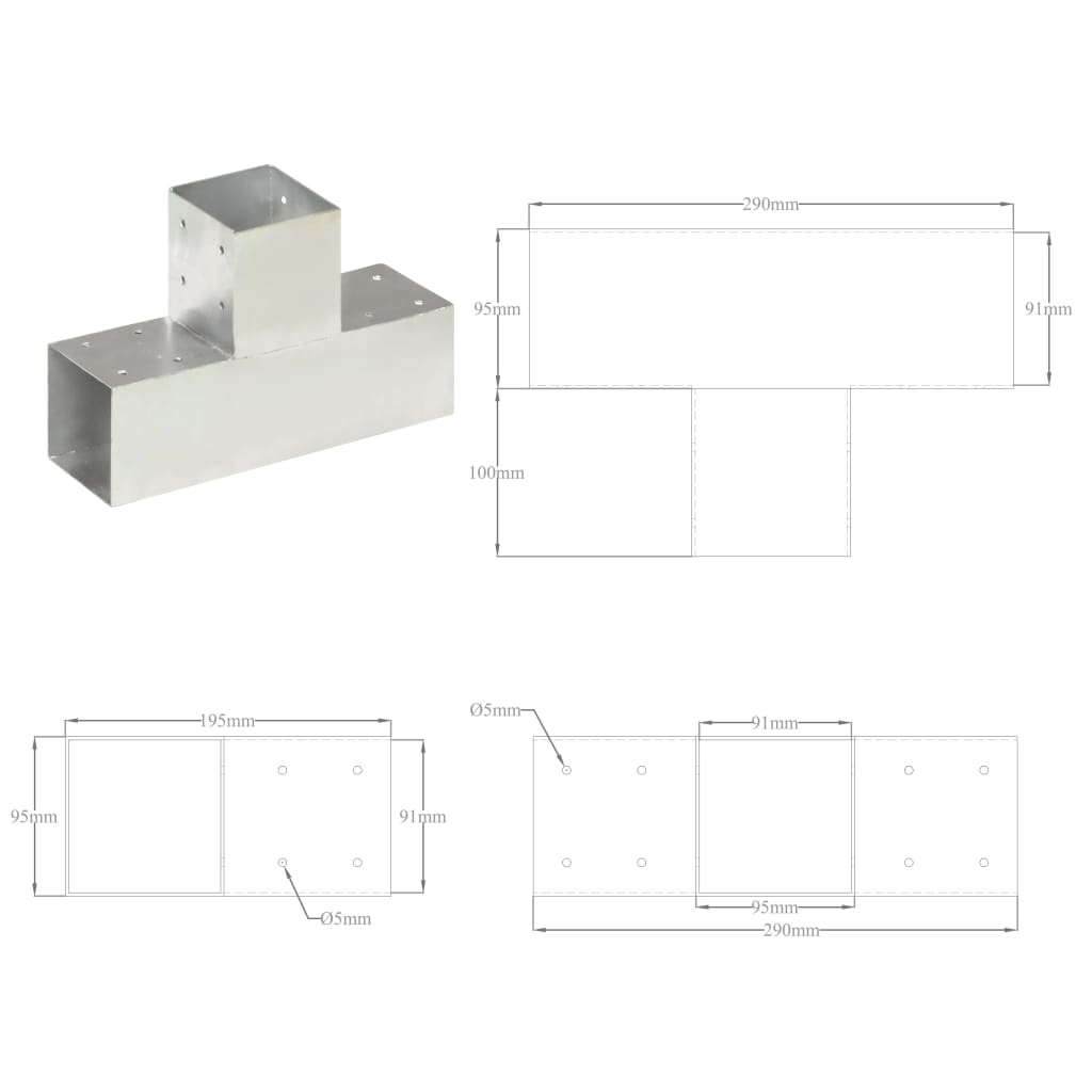 Spojnici za stupove u T-obliku 4 kom pocinčani metal 91 x 91 mm