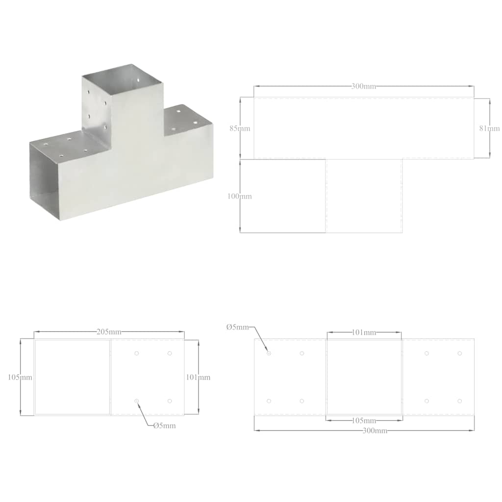 Spojnici za stupove u T-obliku 4 kom pocinčani metal 101x101 mm
