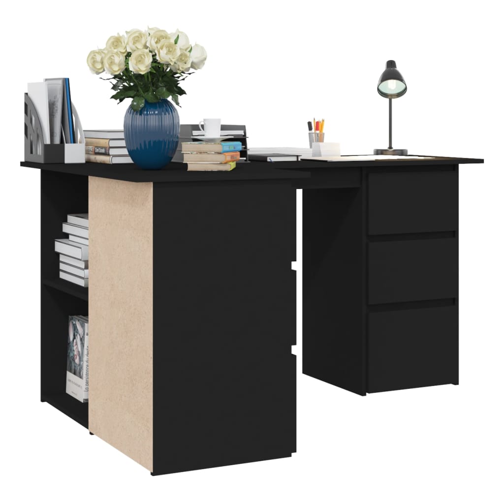 Kutni radni stol crni 145 x 100 x 76 cm konstruirano drvo