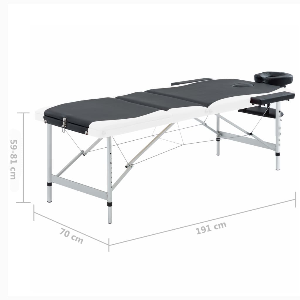 Sklopivi stol za masažu s 3 zone aluminijski crno-bijeli
